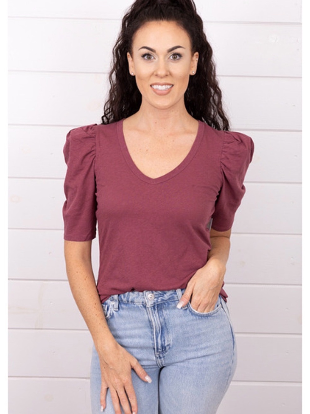 Nation LTD Emily Women's V-Neck Puff Sleeve Top Small
